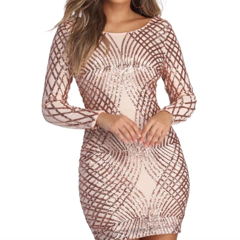 Sequin Rose Gold Nude Mesh Bodycon Mini Party Dress Size M NWOT